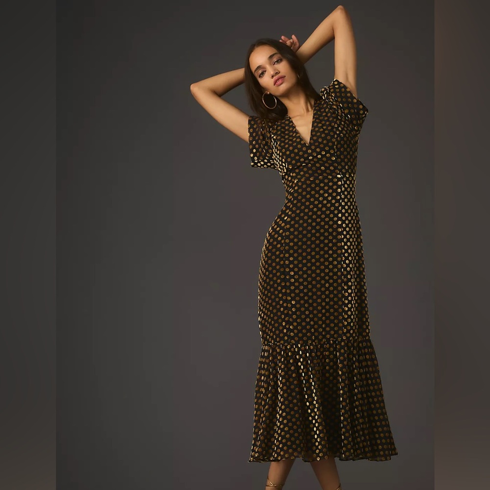 RHODE Rent the Runway Anton Blk/Gold polka dot midi dress SZ 14 $525